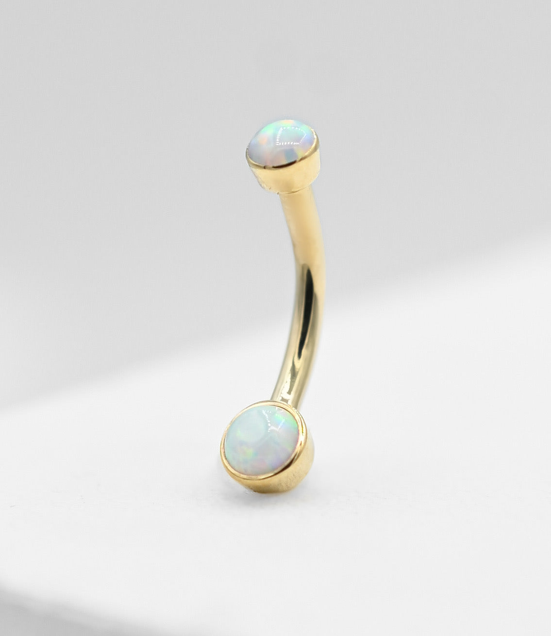 Solid 14k Curved Barbell w/ Double White Opal Bezel by Body Gems