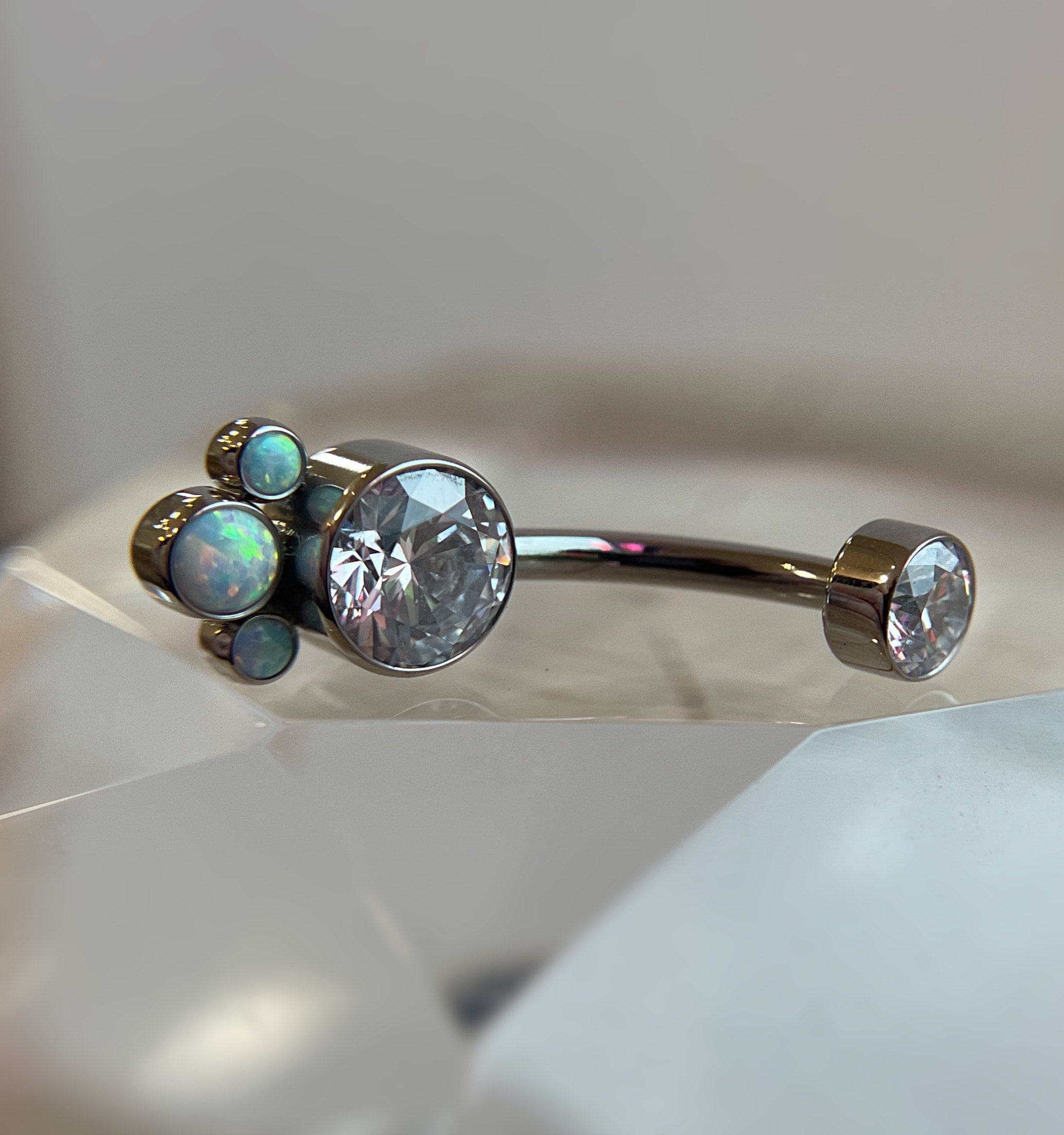 Bijoux Navel Curve (5-N) White CZ/White Opal by LeRoi Fine Jewelry