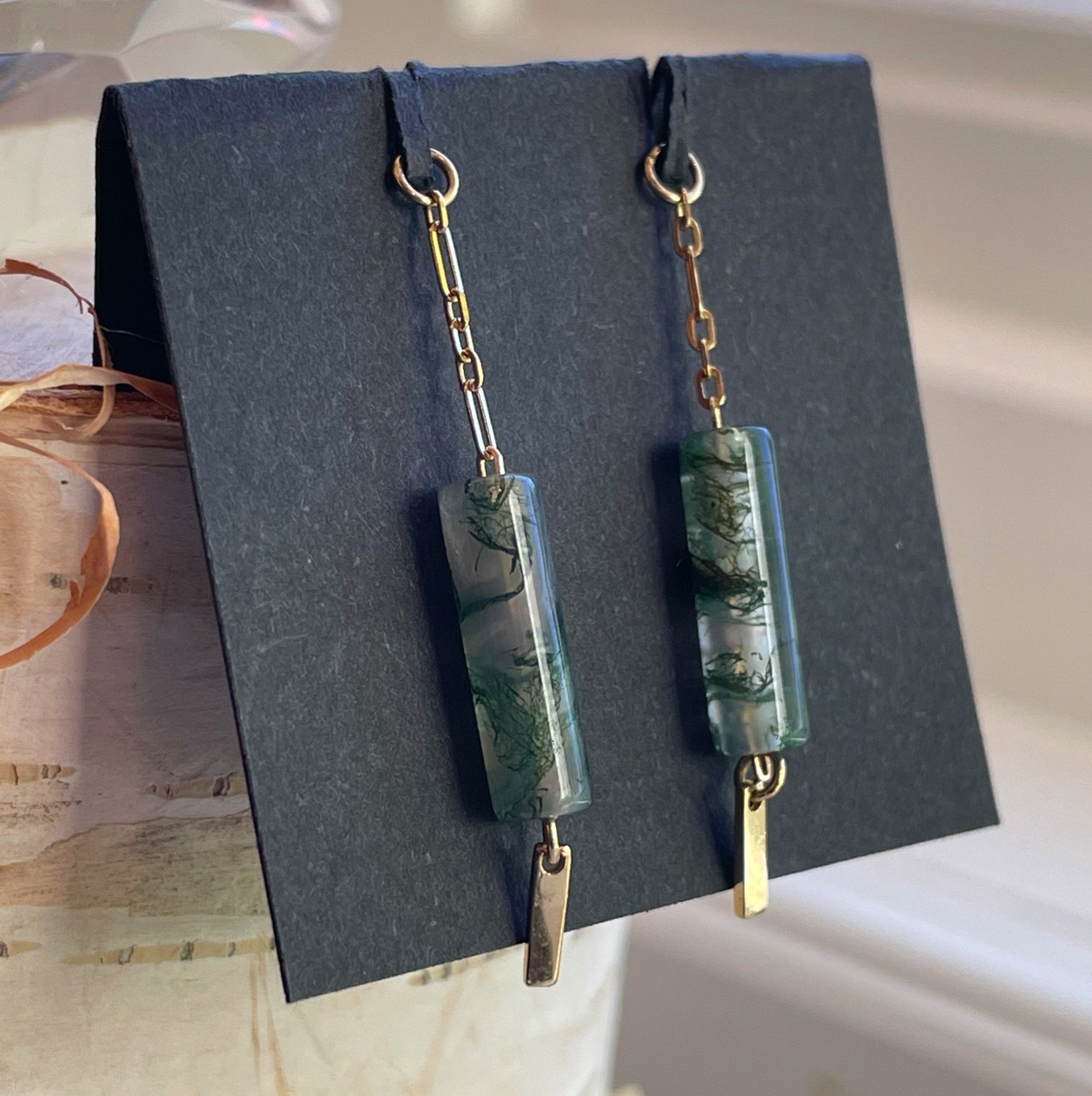 Moss Agate Charm with Gold Bar by Hialeah