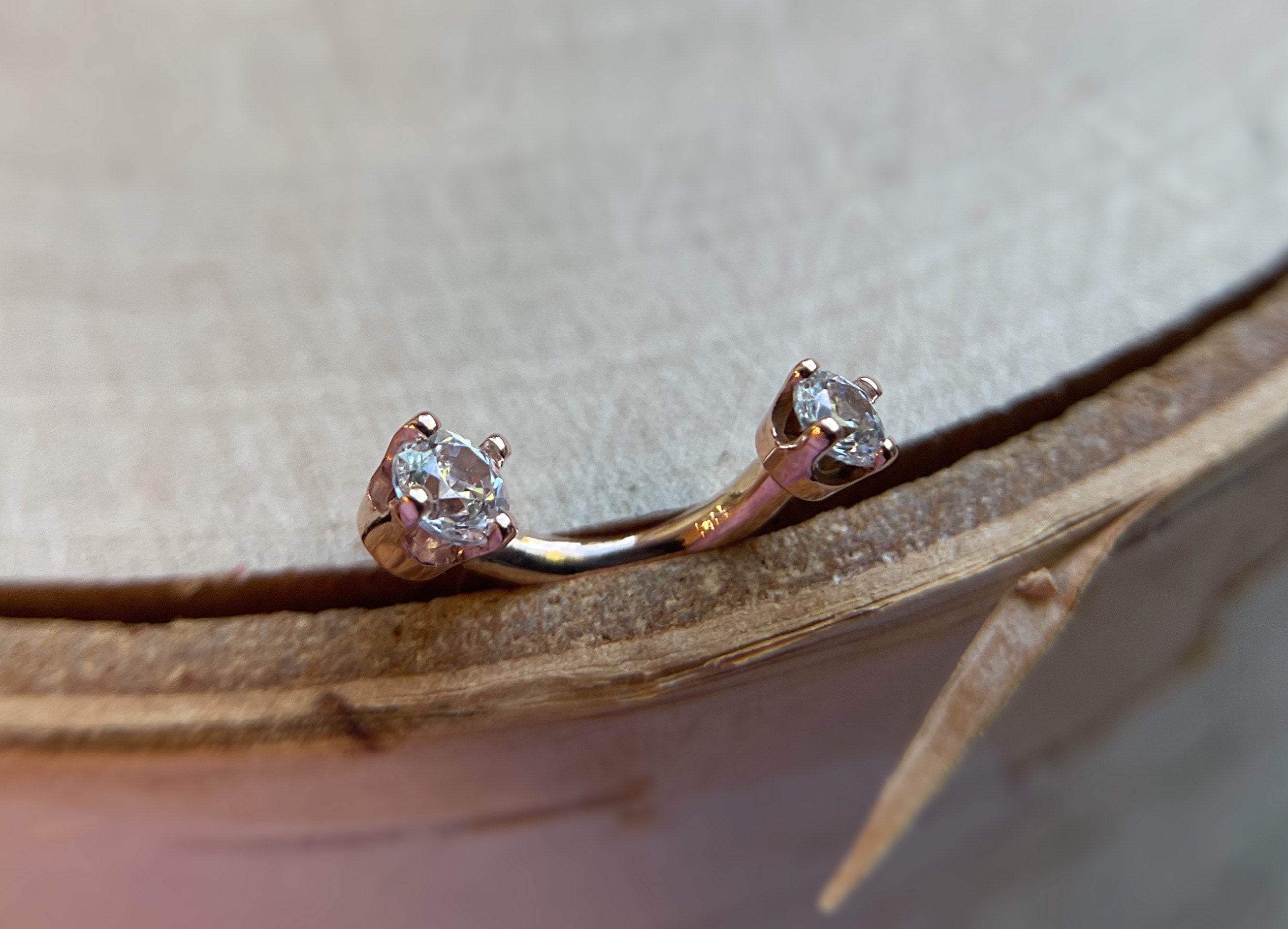 Solid 14k Curved Barbell w/ Double CZ Prong by Body Gems